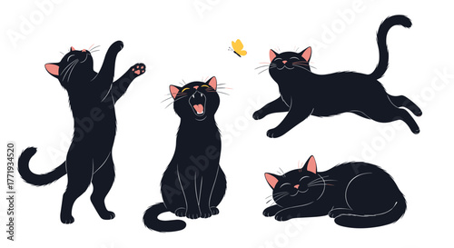 Four playful black cats in different poses, including one stretching, one yawning, one jumping, and one sleeping.
