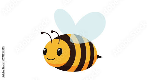 Cute cartoon bee with black stripes and transparent wings, flying happily against a white background.