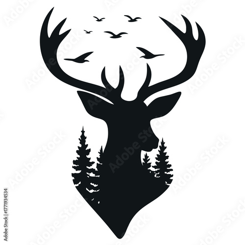 Deer Silhouette Transforming into Forest | Harmony and Nature Double Exposure Vector