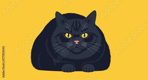 A fluffy black cat with bright yellow eyes sits facing the viewer against a solid yellow background.