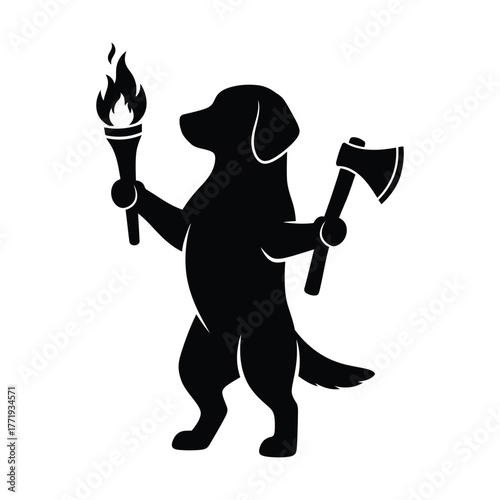 A silhouette of a dog holding a torch and an axe, the dog is standing on its hind legs and has a determined expression