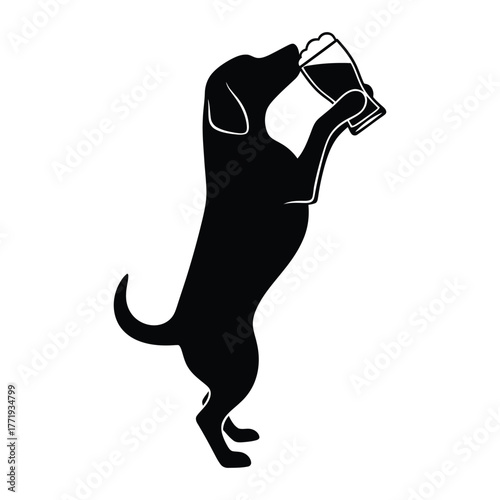 Silhouette of a dog standing on its hind legs and drinking beer from a glass, a fun and humorous design for beer lovers