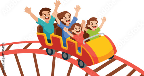 Cartoon roller coaster ride, family excitement, red track, raised hands, smiling faces, amusement park thrill, joyful descent, fun adventure illustration