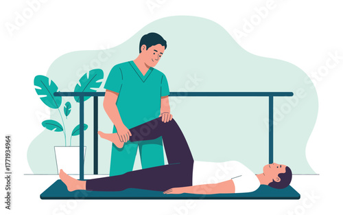 A physical therapist assists a patient with a leg exercise on a mat.