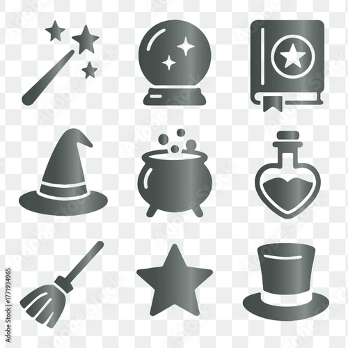 Magic, fantasy and wizardry flat vector icons set.