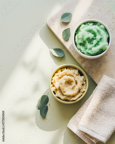 A serene spa scene featuring green and beige exfoliating scrubs in bowls on a marble board, complemented by eucalyptus leaves and a soft towel for a calming skincare moment.