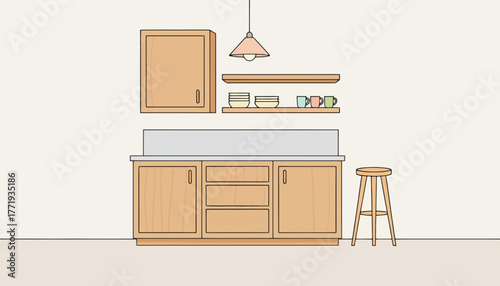 Minimalist Kitchen Interior Vector Illustration in Outline and Fill Hybrid Style with Wooden Cabinets and Bar Stool