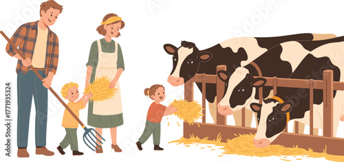 Family feeding cows on farm, agricultural teamwork, rural lifestyle, children helping, animal care, barn setting, Holstein cattle, outdoor farming activity