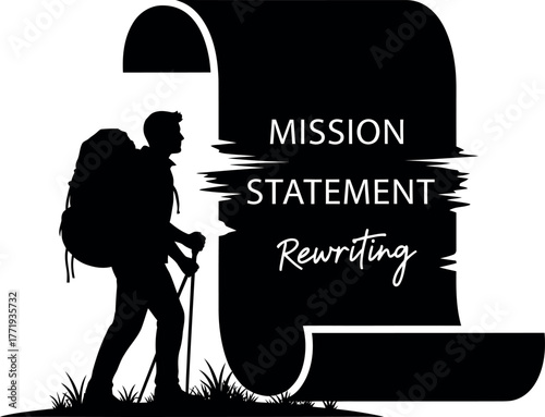 Silhouette of a hiker with a backpack and trekking poles next to a large scroll with mission statement rewriting text