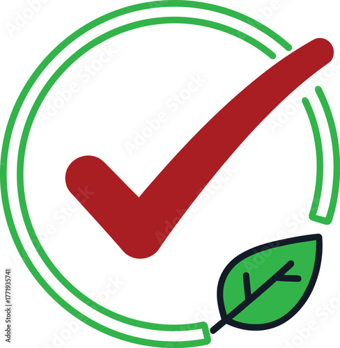 Green check mark with leaf symbolizing eco friendly approval