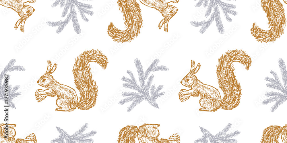 Naklejka premium Squirrels holding pine cones, Christmas tree branches, hand drawn seamless pattern, vector, background, paper, wallpaper