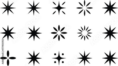 Collection of fifteen black abstract starburst sparkle shapes on white background