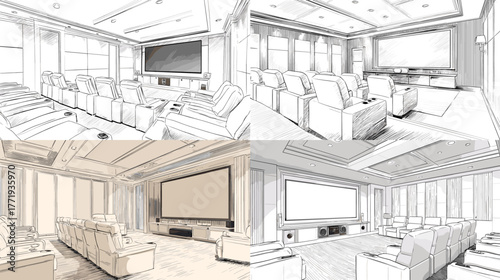 Detailed home theater interior sketch showing modern seats, large screen, and ambient lighting. Architectural drawing concept for cinema design, interior planning, and entertainment space.