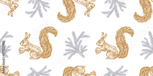 Squirrels holding pine cones, Christmas tree branches, hand drawn seamless pattern, vector, background, paper, wallpaper