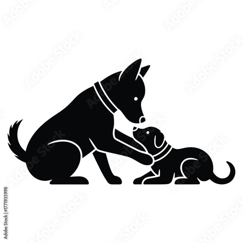 A heartwarming illustration of a large dog gently interacting with a small puppy, creating a touching scene of care and affection