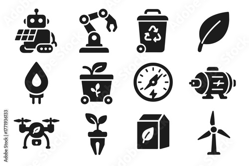 Compost leaf robot solar electric bin icon wind eco energy sensor vector