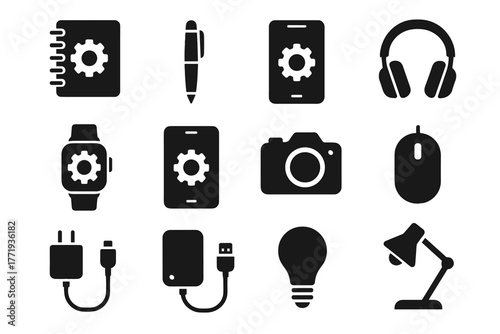 Digital productivity mouse vector gear icons headphones icon tablet smartwatch camera charger