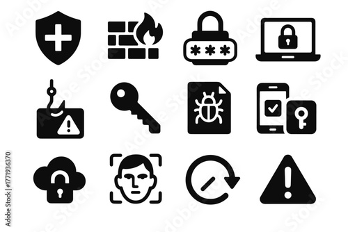 Key firewall protection antivirus update malware icons alert vpn digital security vector
