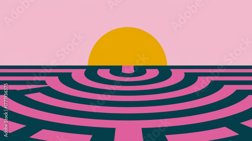 Abstract sun over geometric labyrinth