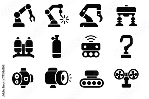 Robotic underwater welding arm robot drill sonar tool icons propeller icon stabilizer