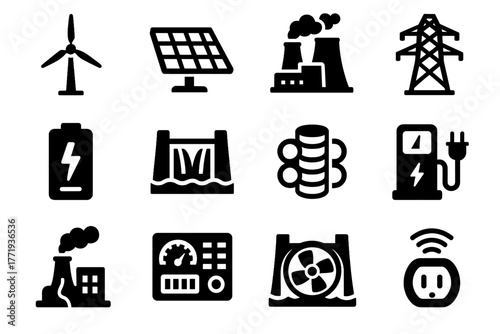 Cell water solar station panel fuel smart icon vector set energy hydro