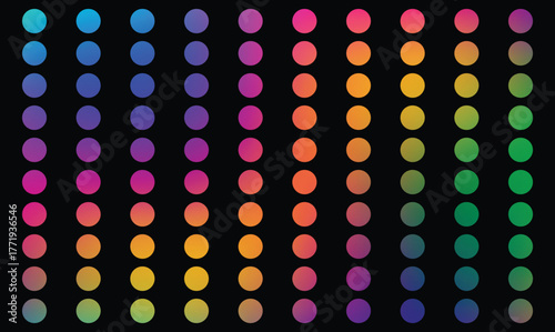A vibrant background featuring a grid of colorful glowing dots arranged in vertical columns against a, showcasing a spectrum of vibrant hues from blue and purple to orange and green