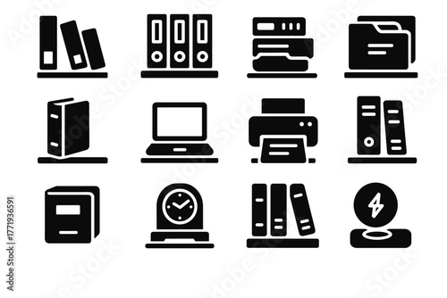 Folder paper box set shelf printer icon data vector office archive