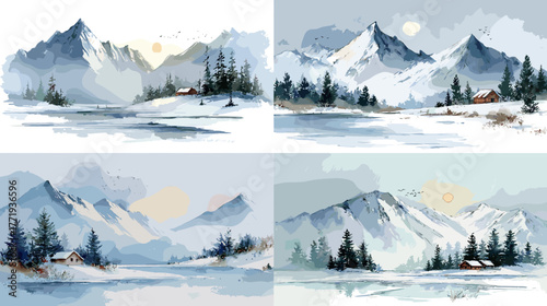 Peaceful snowy mountain landscape watercolor painting with pine trees and cabin. Serene winter scene depicting nature’s tranquility and cold alpine beauty under soft sunlight tones.