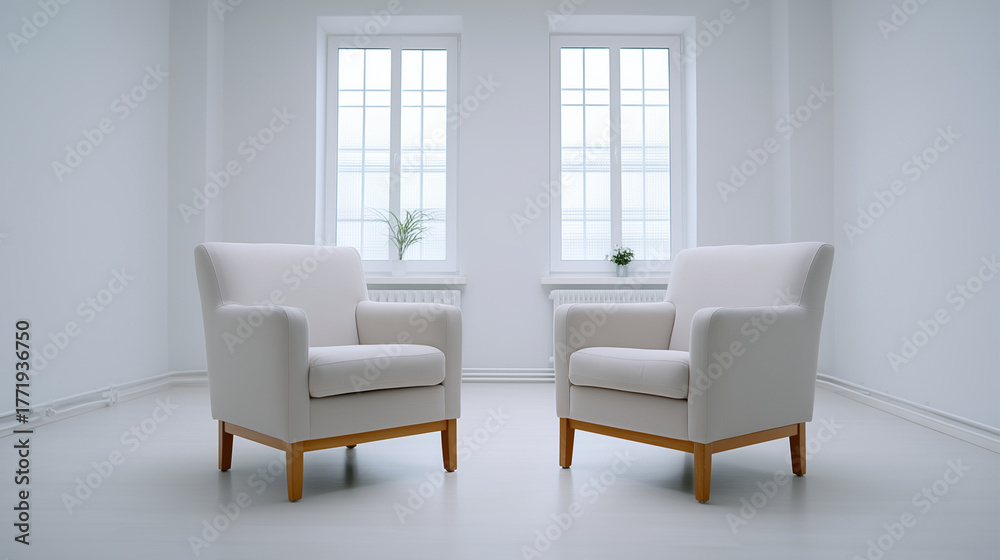 Fototapeta premium Two beige armchairs in minimal white room