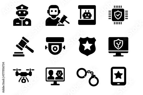 Drone enforcement courtroom law icon robotic legal camera surveillance vector monitor scanner