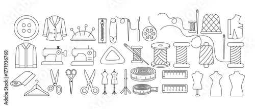 Set of sewing, tailoring, and garment making line icons thread, needle, scissors, mannequin, measuring tape, button, ruler and sewing machine.
