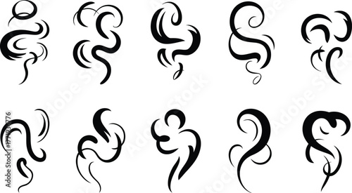Collection of abstract black ink brush strokes representing smoke or steam elements