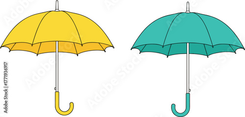 umbrella, yellow, teal, cartoon, illustration, vector, design, lifestyle, fashion, product, accessory, rain, weather, protection, outdoor, concept, comparison, pair, object, equipment, style