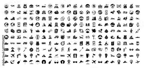 A large collection of diverse travel and transportation icons, including airplanes, luggage, maps, landmarks, and various modes of transport, all isolated on a