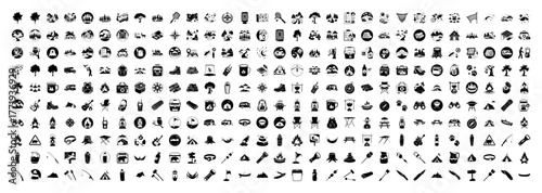 A comprehensive compilation of diverse icons representing various objects, concepts, and elements, including food, nature, technology, and abstract shapes, isolated on a