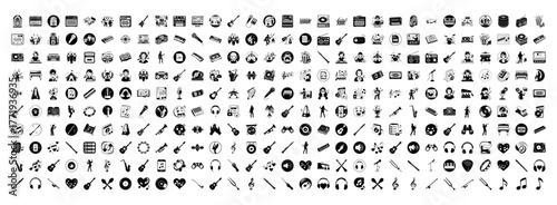 An extensive array of black and white icons covering a wide spectrum of themes including music, communication, technology, and human activities, all isolated on a