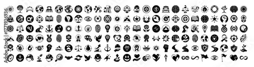 A large collection of diverse icons representing various concepts such as business, technology, nature, and social issues, all presented in a clean, black and white format on a