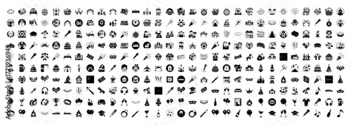 A comprehensive compilation of black and white icons representing diverse categories such as food, nature, technology, and business, presented clearly on a