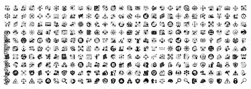 An extensive assortment of black icons featuring abstract shapes, geometric patterns, and universal symbols, presented on a clean