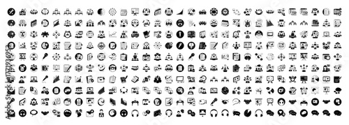 A comprehensive compilation of black icons encompassing a wide range of themes including technology, finance, communication, and people, displayed on a