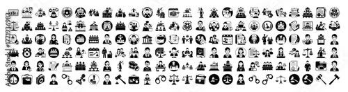 Comprehensive array of professional black icons depicting business, finance, law, and human resources themes, presented on a for versatile application in corporate and legal contexts