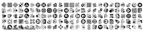 An extensive array of black document and file related icons on a, perfect for software interfaces, data management, and organizational tools
