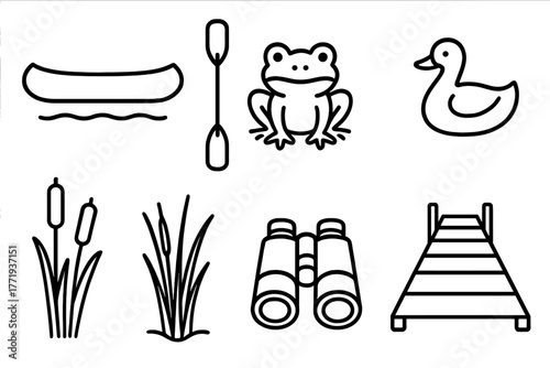 Wetland Adventure Icons. Line style icons of Adventure Wetland: Canoe, Paddle, Frog, Duck, Cattails, Reeds, Binoculars, Boardwalk,