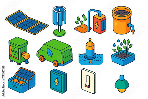 Sustainable Tech Icons. Isometric vector illustration set technology and sustainability: foldable solar mat, bladeless vertical