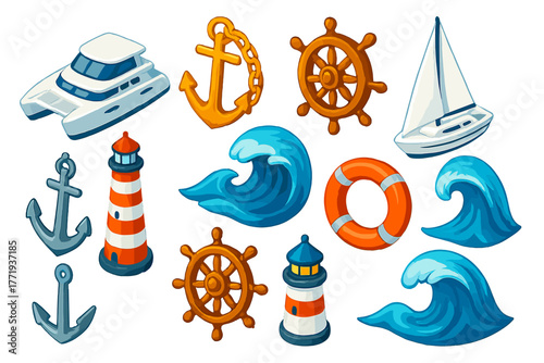 Nautical Symbols Collection. Isometric vector illustration set nautical symbols: luxury catamaran, bronze chain anchor, varnished