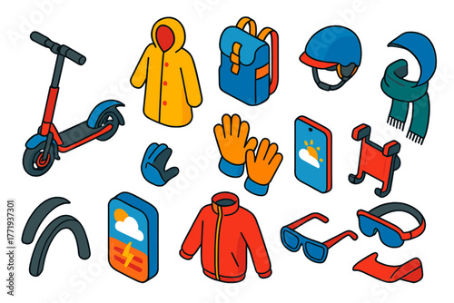 Weather-Ready Scooter Essentials. Isometric vector illustration set Weather-ready E-Scooter Icons: scooter with fenders, raincoat,