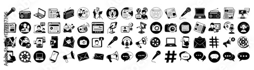 Collection of communication and media icons, including social media, broadcasting, and digital technology symbols