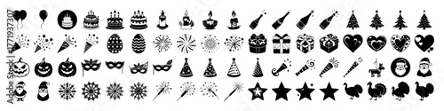 Assortment of holiday and celebration icons, featuring balloons, cakes, gifts, masks, and festive symbols