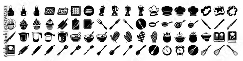 A comprehensive set of kitchen and cooking icons featuring utensils, appliances, cookware, ingredients, and chef accessories