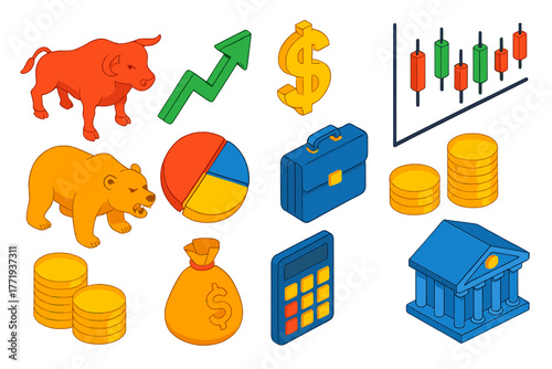 Bull and Bear Icons. Isometric vector illustration set Bull and Bear Trading Icons: bull, bear, growth arrow, dollar sign,